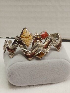 CAROLYN POLLACK Zig Zag Cuff Bracelet 925 Silver Copper Coral Tiger's Eye Jasper